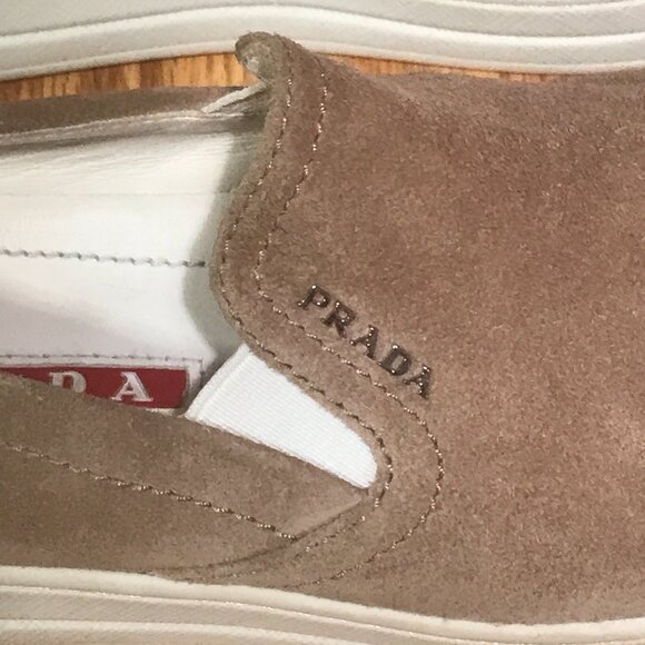 Prada Tan Suede Leather Slip on Sneaker Loafers Size 7 - Picture 5 of 12